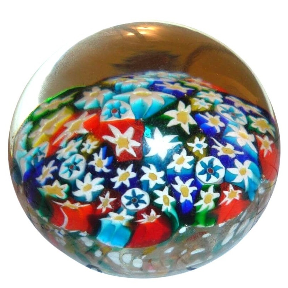 Vintage Millefiori Art Glass Paperweight Multi Color Floral Cane Round Dome 2.5"